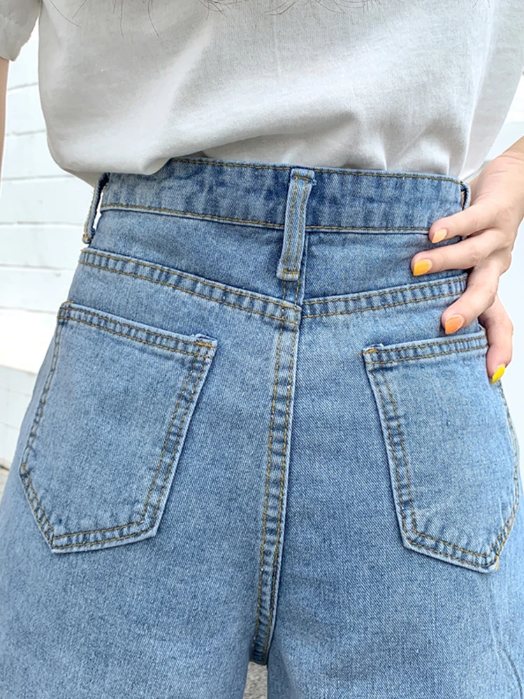 Summer Women Wide Leg Hole Frayed Blue Denim Shorts Streetwear Female High Waist Loose Button Jeans Shorts Bottoms