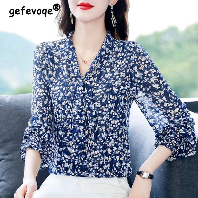 

Women Korean Fashion Print Bow Lace Up Elegant Blouses Spring Autumn Office Lady Casual Chic Shirts V Neck Long Sleeve Tops Ropa