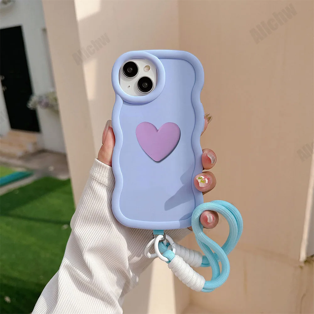 On Huawei Magic 5 6 Lite 9X Y9S Honor X6 X7 X8 X6A X7A X8A X9A X7B X8B X9B 90 With Lanyard 3D Love Heart Wavy Silicone Case