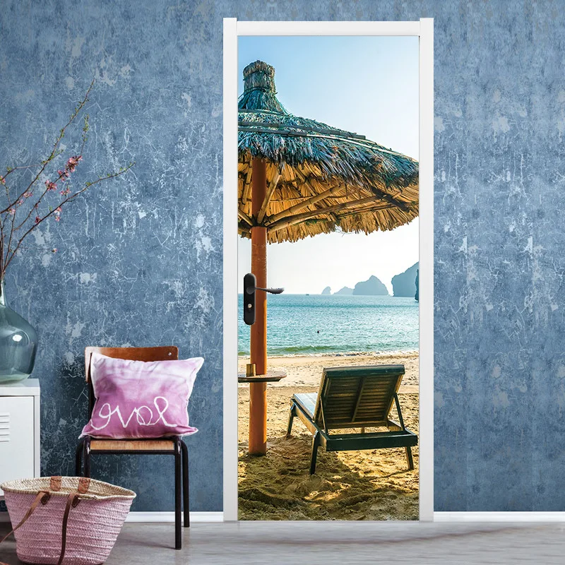 Пляжные теплые зонтики для шезлонгов с видом на море, наклейка на дверь, декоративная картина для спальни и гостиной, самоклеящаяся стена из ПВХ.