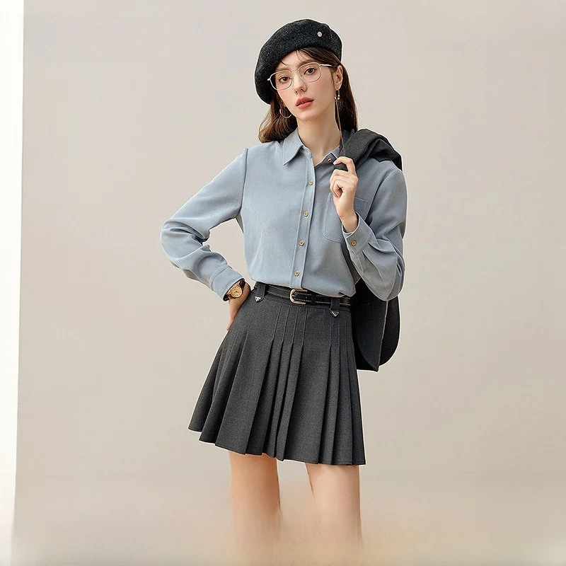 Рубашки Kbne синяя рубашка в стиле ретро с длинными рукавами новинка 2024