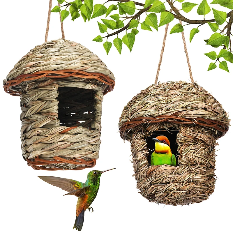 

Natural Hay Bird Nest Hanging Birdhouse Hand-Woven Bird Hut Shelter Hideaway for Outdoor Cage Garden Decoration