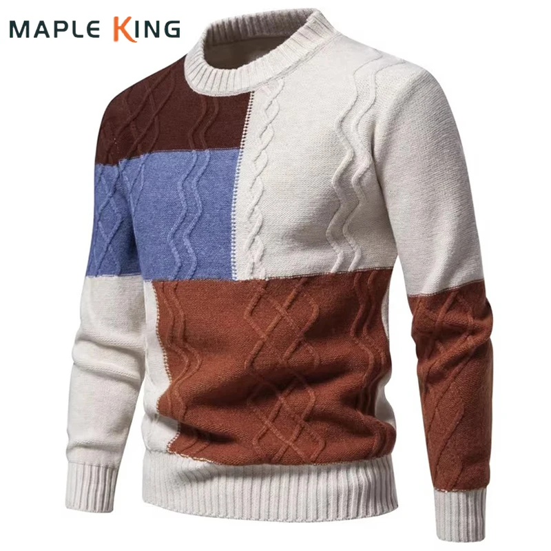 

Мужской трикотажный свитер в стиле пэчворк, винтажные теплые пуловеры с круглым вырезом, Мужская одежда, Рождественский свитер, приталенный мужской свитер