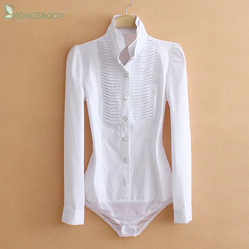 

2023 Elegant Double Collar Long Sleeve Shirring Design Women Bodysuits Business Work White Shirts Office Blouses Work Rompers