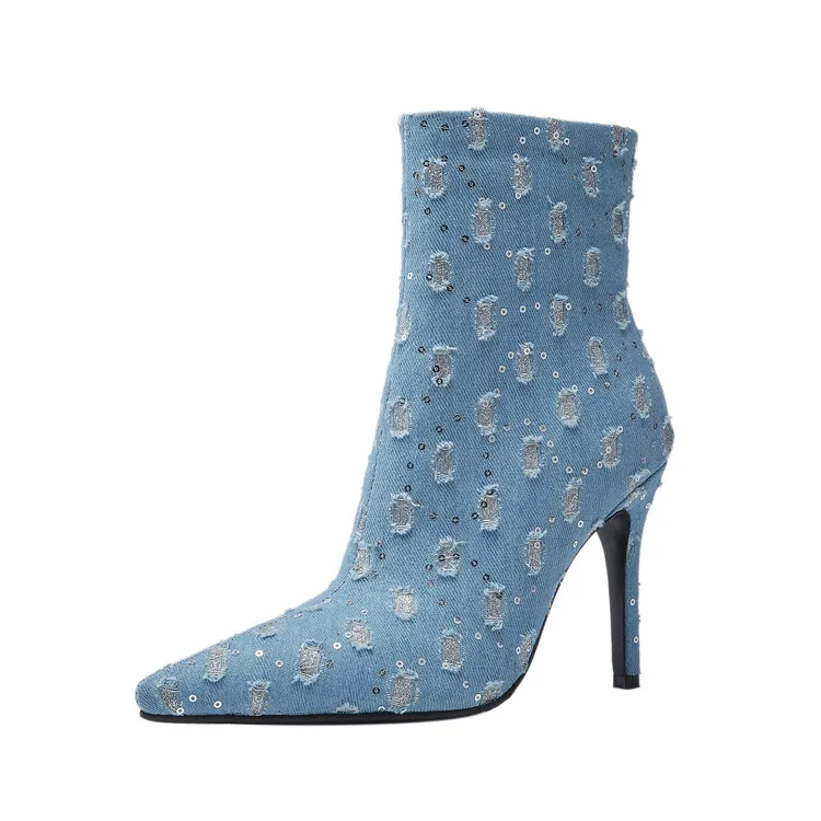 

Denim Blue Women Ankle Boots Holes Sequins Design Thin High Heels Autumn Short Botines Side Zipper Cowboy Botas Femmes Sapatos