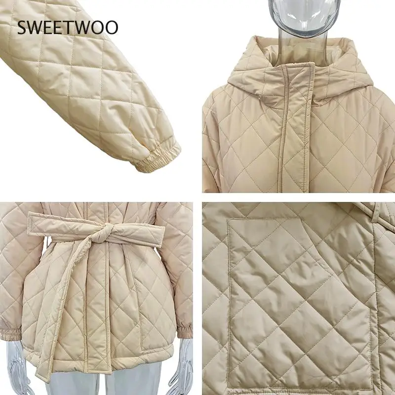 Casual Loose Hooded Parkas Women Fashion Solid Thick Short Coats Women Elegant Tie Belt Cotton Jackets Female Ladies Tide Chic