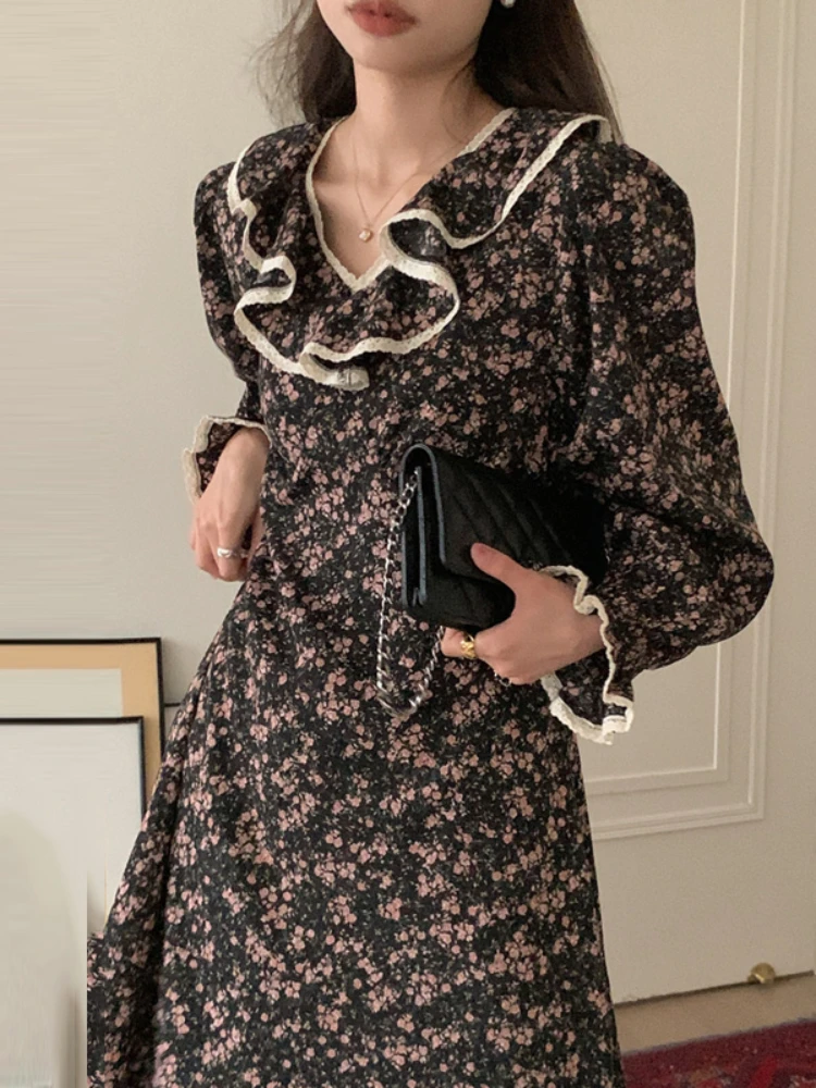 

Korobov Thickened Floral Dress Female Autumn Winter Floral Flounder Lace Dresses French Vintage Robe Korean Vestidos Para Mujer