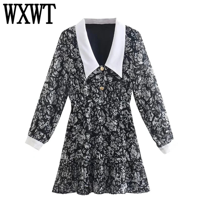 

WXWT Women Contrasting Colors Splicing Flowers Print Dress Turn-down Collar Long Sleeve Ladies Vintage Short Dress Vestidos