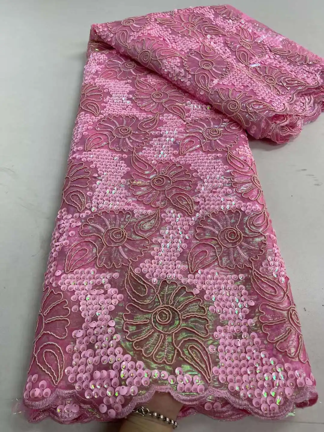 

Luxury Sequins Pink Lace Handmade Fabric French Wedding Dress Latest 2023 Nigerian Cotton Embroidery African Net Mesh Lace