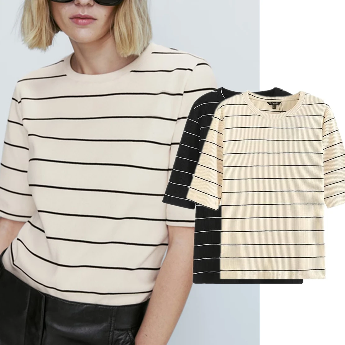 

Elmsk England Style Simple Basic Striped Knitted Tops Fashion Casual Summer Tshirts Women