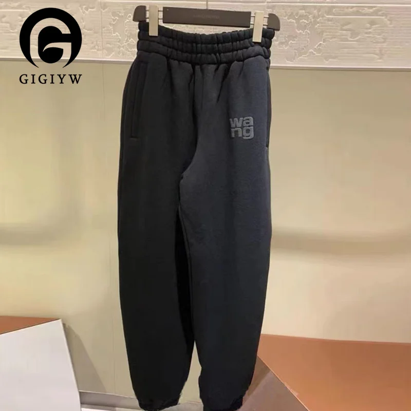 GIGIYW Wang 2022 Autumn And Winter New Plush Flocked Letter Legged Pants Female Couple High Waist Leisure Pants