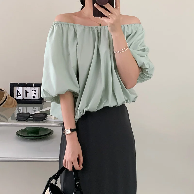 

Solid Elastic Collar Round Neck Puff Sleeve Shirt Blue White Green Orange Short Sleeve Summer Pullover Women Doll Shirt