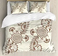 Henna Duvet Cover King Queen Abstract Floral Elements South Asian Mehndi Style Oriental Design Polyester Bedding Set,Cream Brown