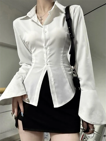 Рубашка женская с поясом на резинке, модная простая однотонная блузка в Корейском стиле, Повседневная белая уличная одежда с рукавами-колокольчиками, весна
