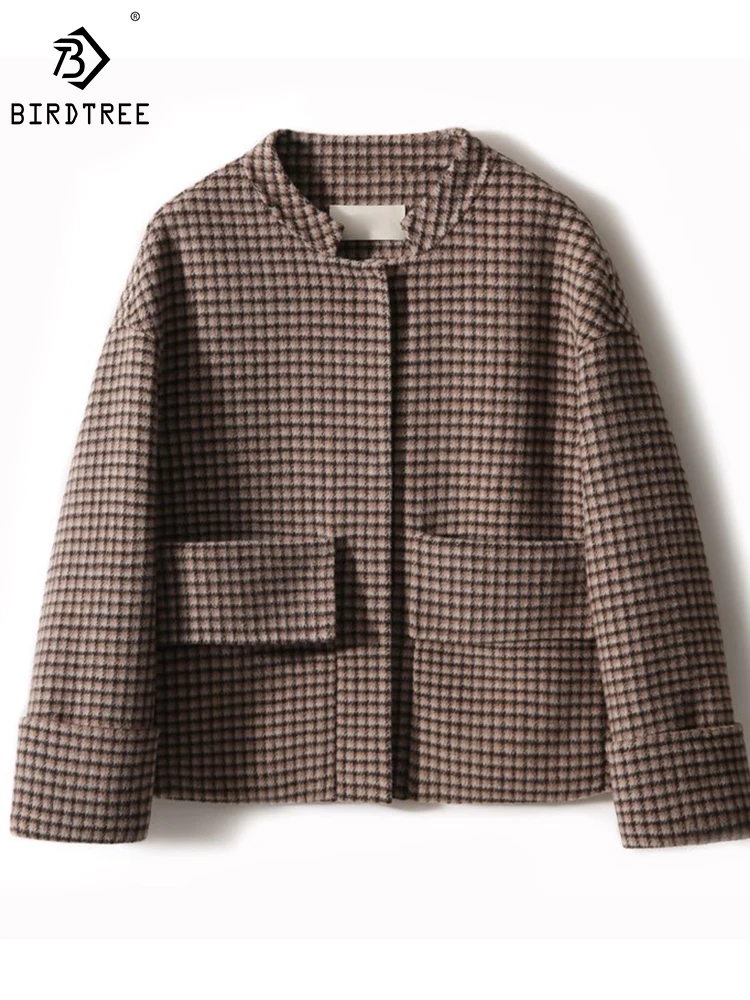 

Birdtree 80% Sheep Wool Double-Sided Tweed Coat Vintage Check Stylish Commute Single-breasted Versatile Cropped Coats C30315QD