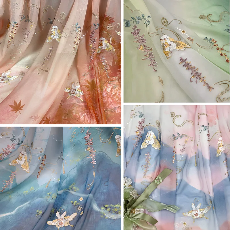 

1/3/5M Ancient Style Gradient Hanfu Fabric Bunny Wisteria Printed Chiffon Embroidery Fabric For Diy Sewing Costume Hanfu Dress
