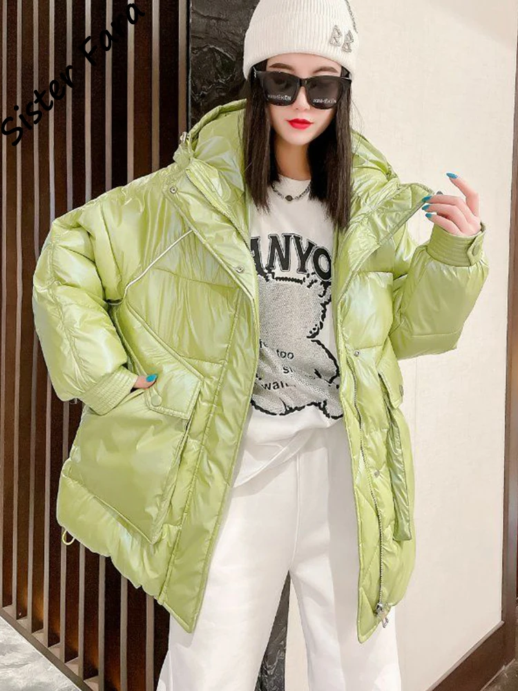 

Cotton Padded Jacket For Women Winter Glossy Waterproof Student Big Pocket Short Parka Hodded Puffer Jacket Women