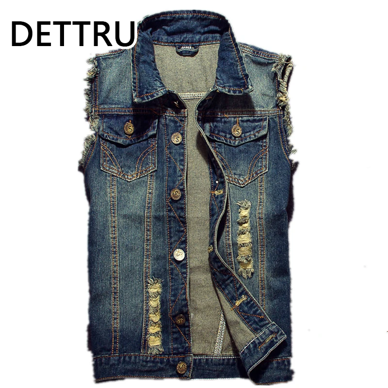

2022 Ripped Jean Jacket Men Denim Vest Hip Hop Jean Coats Waistcoat Men Cowboy Brand Sleeveless Jacket Male Tank Plus Size 6XL