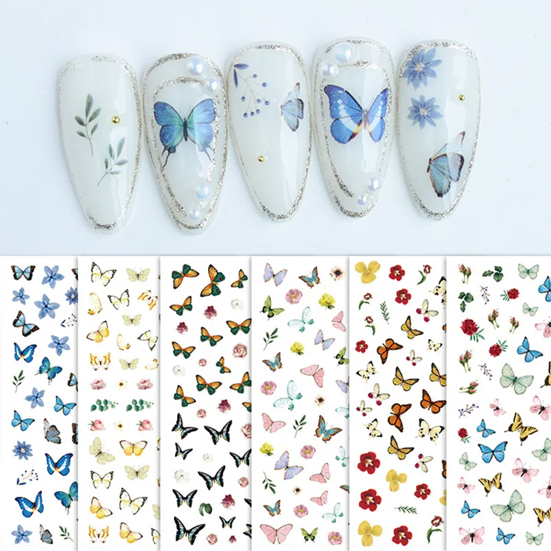 

Holographic Pink Blue Butterfly Nail Stickers 3D Adhesive Transfer DIY Nail Art Decoration Colorful Manicure Decals Foils Wraps