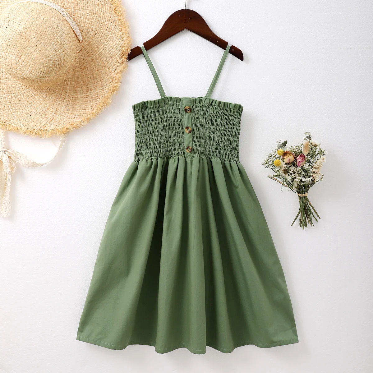 

LAPA Girls Solid Sleeveless Ruffled Midi Dress Kids Fit Strappy Sleeve Girls Summer Dress Casual Green Clothes
