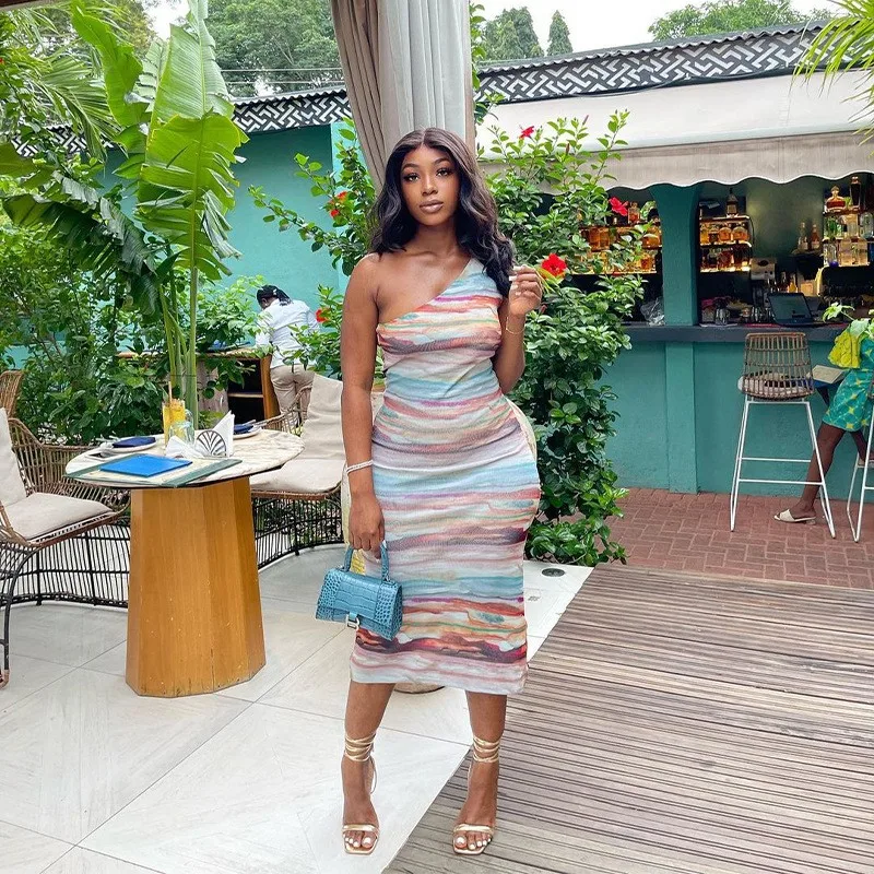 

Summer Outfits For Women 2023 Pareo Beach Swim Cover Up New Sexy Backless Print Inclined Shoulder Black Dress Spandex Ladies'