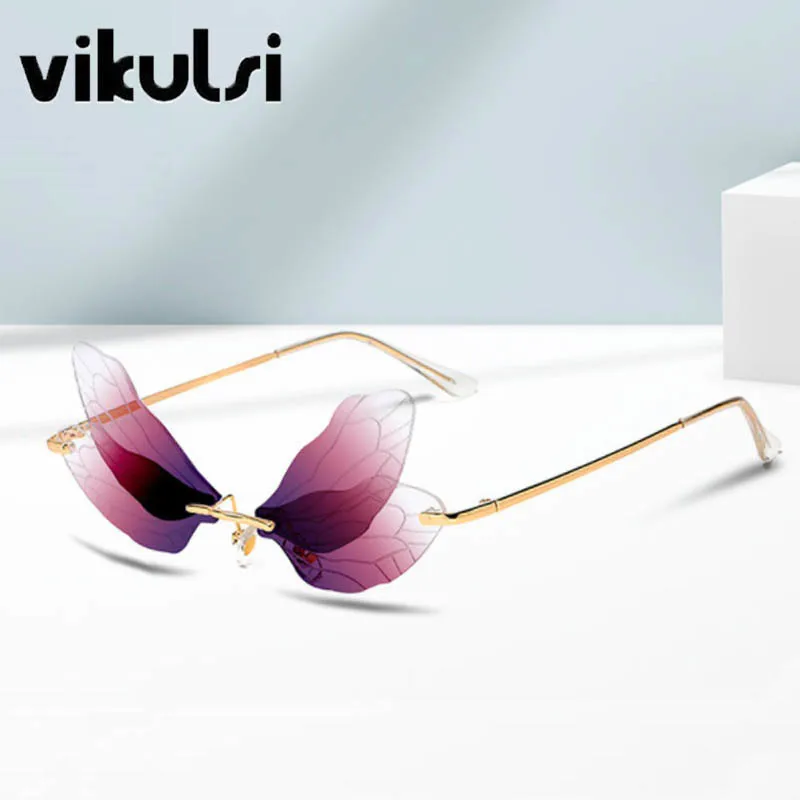 

2022 Vintage Dragonfly Wings Women Fashion Rimless Sunglasses Retro Elf Fairy Dragonfly Steampunk Sunglasses Purple White Shades