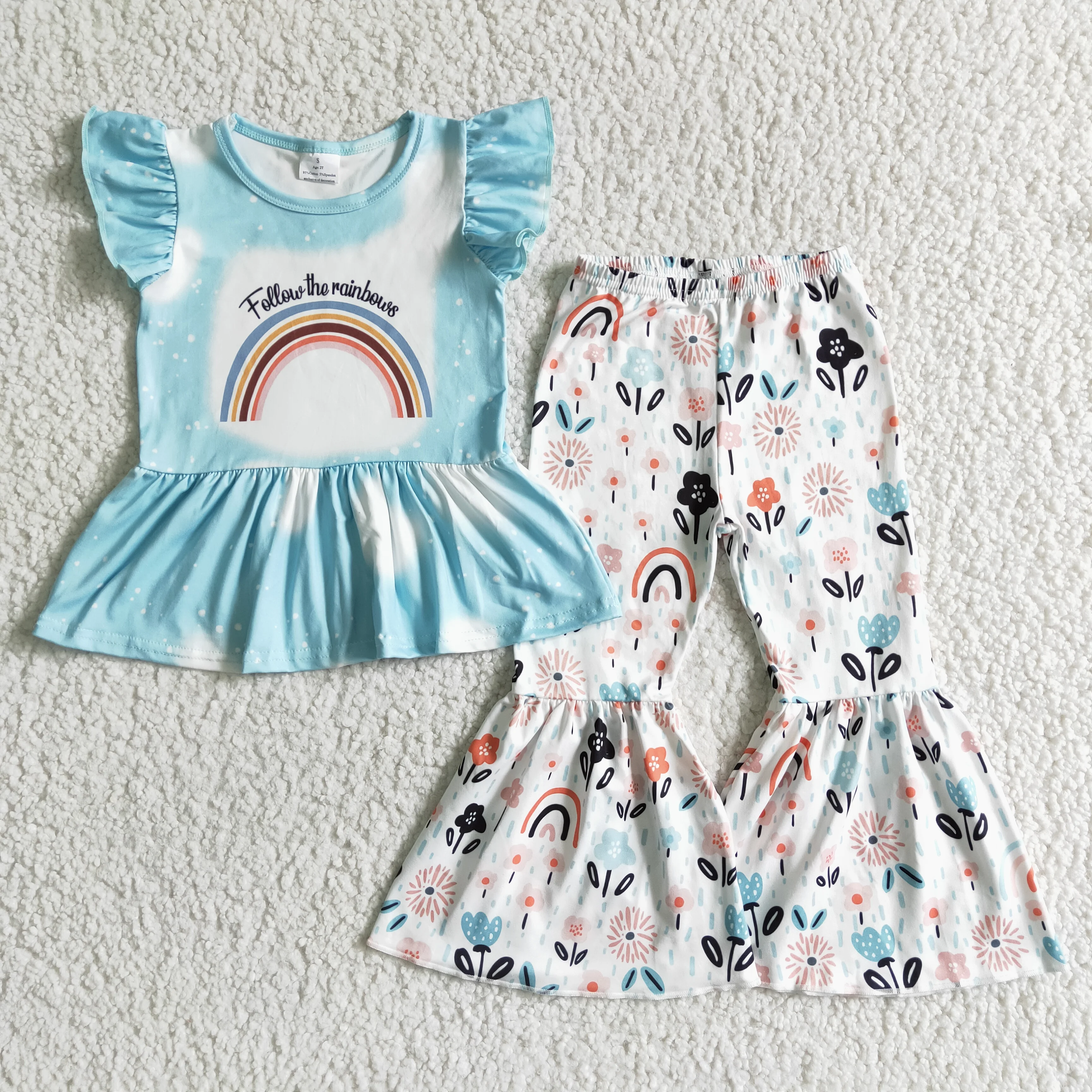 

RTS Baby Girls Rainbow Print Blue Flutter Sleeve Top Boutique Outfits Floral Bell Bottom Pants Kid Clothing Sets