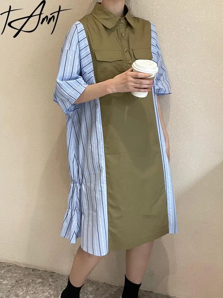 

Женское платье-рубашка с коротким рукавом, в полоску