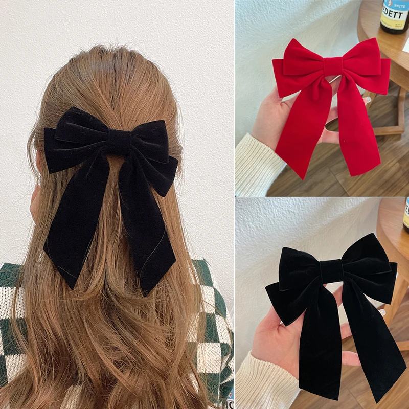 

Fashion Big Velvet Bow Hair Clip for Women Girls Wedding Long Ribbon Elegant Korean Hairpins Barrette Hair Accessories