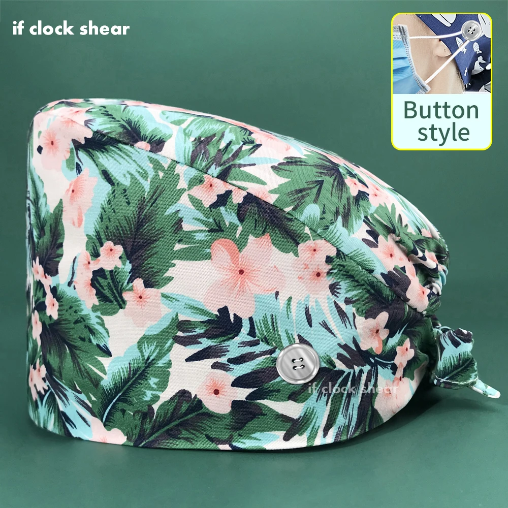 

High Quality Cotton scrub hat Cartoon Medical Scrubs cap Doctors Surgical cap Nurse hat Pet Vet Dentist lab Work Hat with button