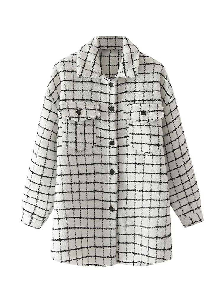 

BBWM Women Fashion Spring Autumn Plaid Woven Coat Ladies Casual Long Sleeve Lapel Front Flap Pocket Single Breasted Jacket