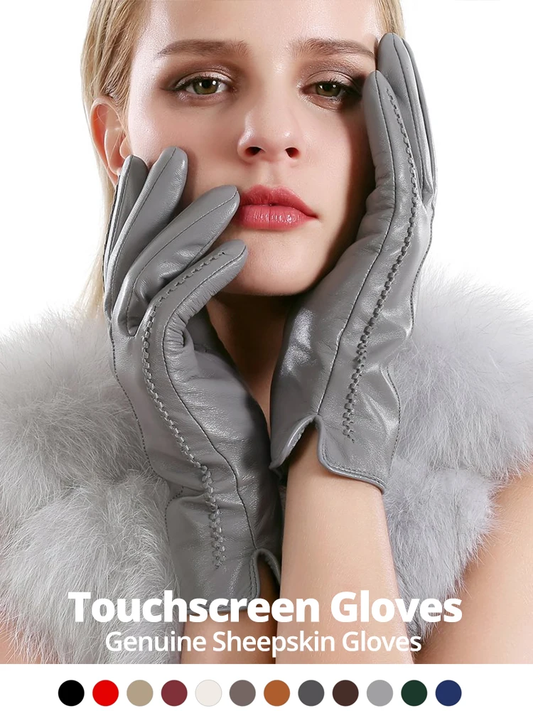 Женские перчатки из овечьей кожи зимние теплые бархатные тонкие для сенсорных