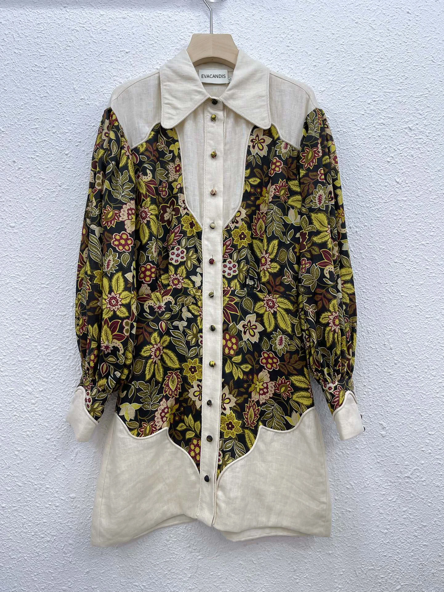 

Женское льняное мини-платье, элегантное винтажное элегантное платье из 100% льна с длинным рукавом-фонариком, отложным воротником и цветочным принтом, 2024