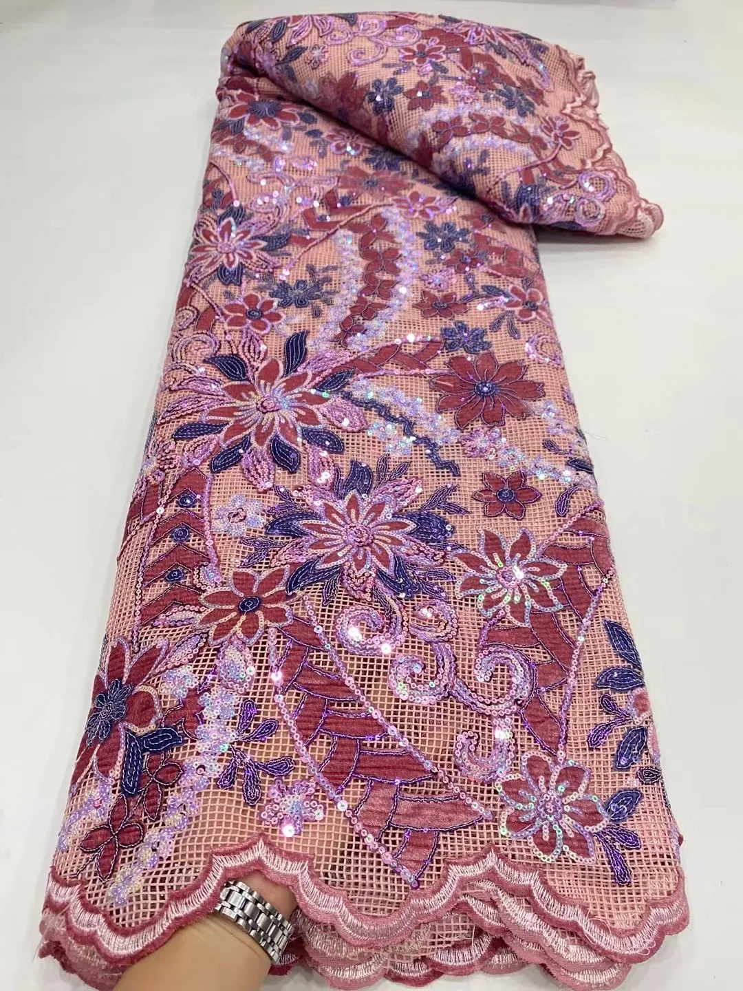 

French Latest Pink Milk Silk Lace Fabric 2022 High Quality African Guipure Cord Sequins Fabric Nigeria For Bride Dress Sewing
