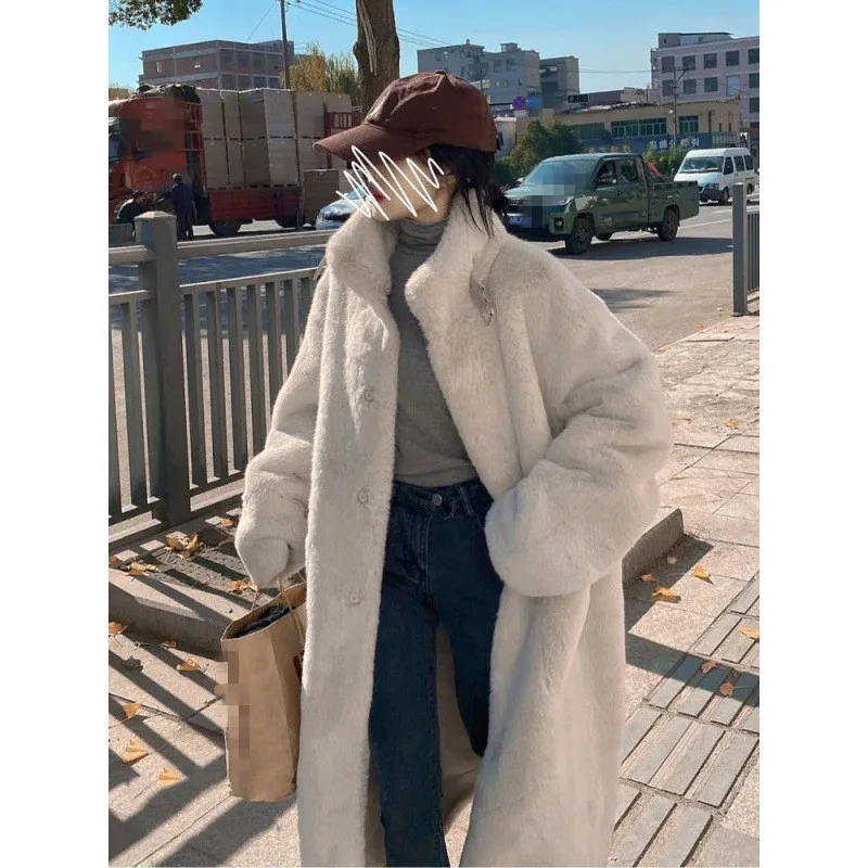 High Neck Fur Coat for Women Thicken Warm Winter Overcoat 2022 New Long Sleeve Single Breasted Jacket Fashion Casual Lady Cotas