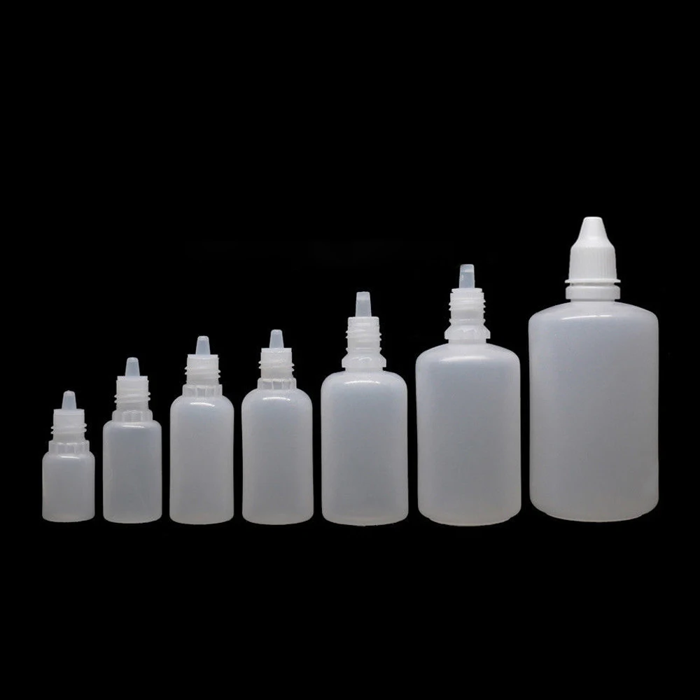 

100pcs Wholesale 5m/10ml/20ml/30ml/50ml/100ml Empty Plastic Squeezable Eye Liquid Dropper Bottles Oil Bottle with Childproof Cap