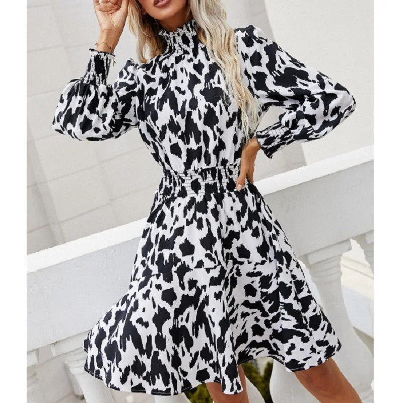 

Elegant Leopard Print Dresses 2022 New Stretch Half Turtleneck Elastic Waist Slim Casual Full Balloon Sleeves Midi A-line Dress