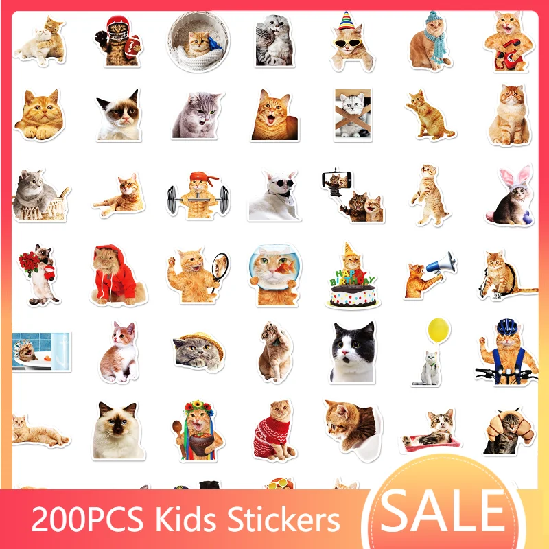 

200pcs Realistic Cat Sticker Cute Cat Realistic Dormitory Bedroom Pet Shop Wall Glass Sticker Painting Laptop Skin Sticker Pack