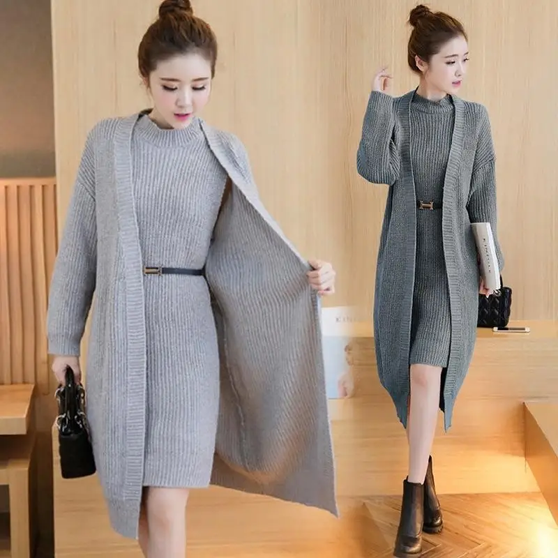 

Women Suit Knitted Sweaters Cardigan and Dress Two Pieces Set Female Casual Knitwear Cardigans Jumpers Pull Femme Suits G583