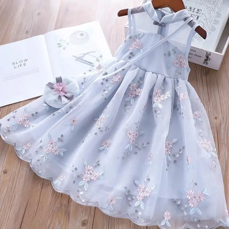 

Girls Dress Summer Kids Clothes Hanfu 2022 New Fashion Children's Vintage Net Yarn Flower Dresses for Girls Wedding of 11 Years