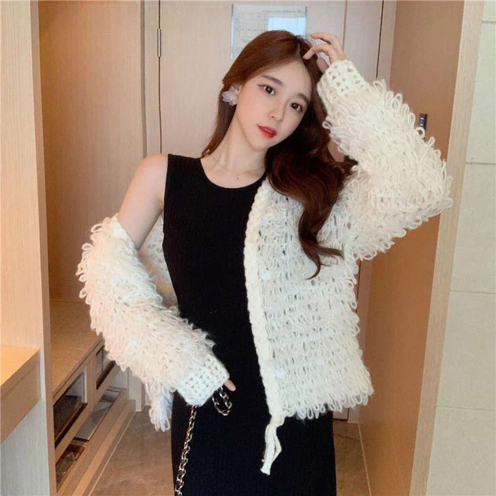 Осенний корейский стиль новинка вязаный женский свитер из мохера с вырезами и