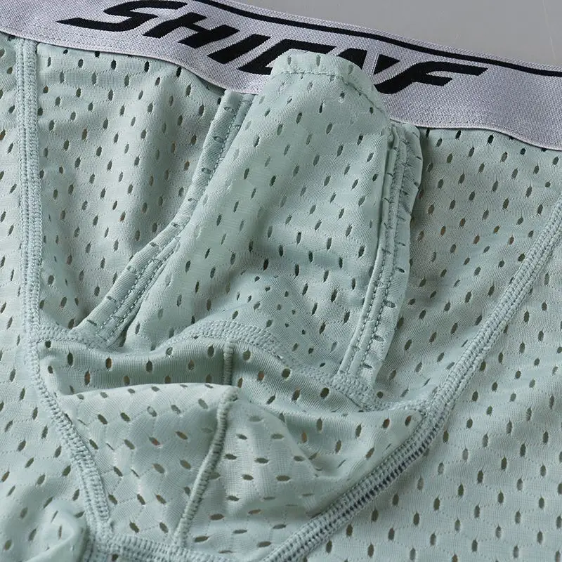 Men Ice Silk Breathable Long Boxers Cuecas Homme Health Care Pouch Underpants Sexy Penis Pouch Boxer Shorts Mesh Underwear