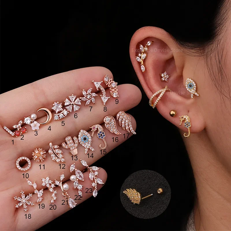 

Stainless Steel Helix Piercing Jewelry Fashion Animal Plant Cz Ear Lobe Tragus Daith Cartilage Screw Back Earring Stud