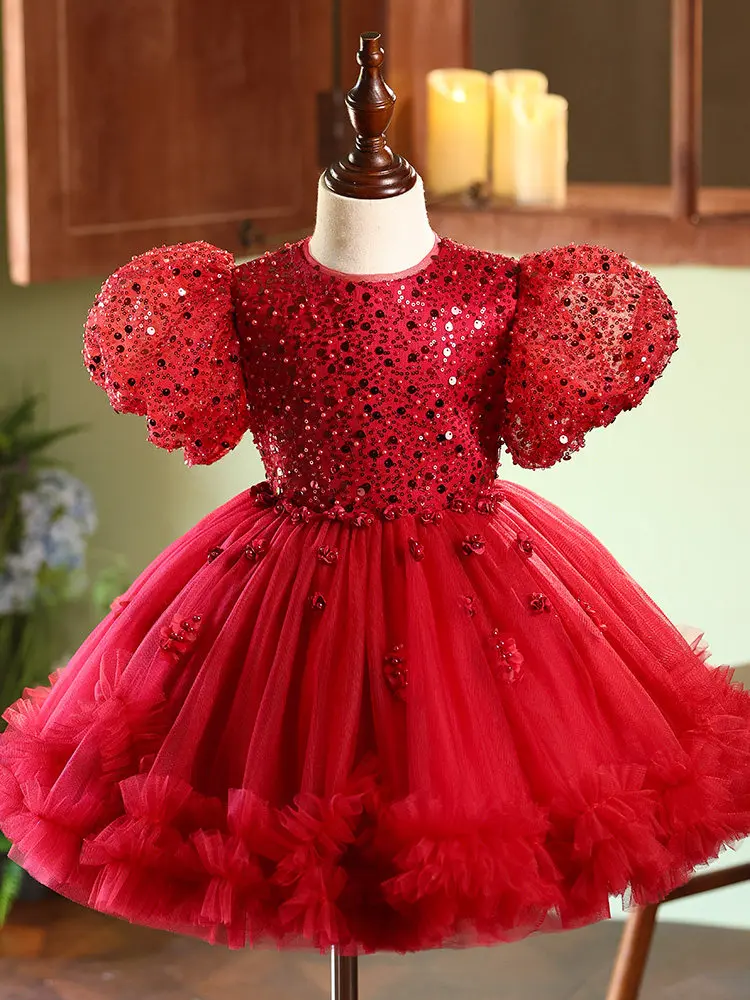 Фото Изысканное вечернее платье для девочек, красное, с эффектом люкс, для дня рождения, выступлений, наряд для подружки невесты на свадьбу №1