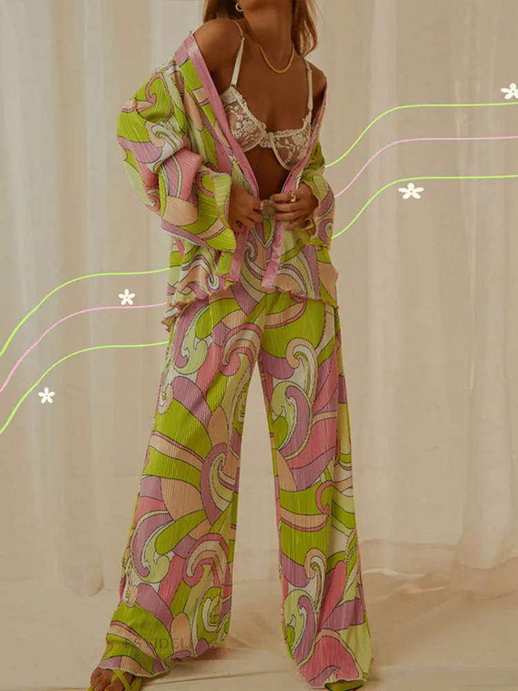 

Spring Summer New 2 Piece Set Ladies Fashion Floral Print Lapel Long Sleeve Shirt + Pants Suit Women Street Loose Cardigan Sets