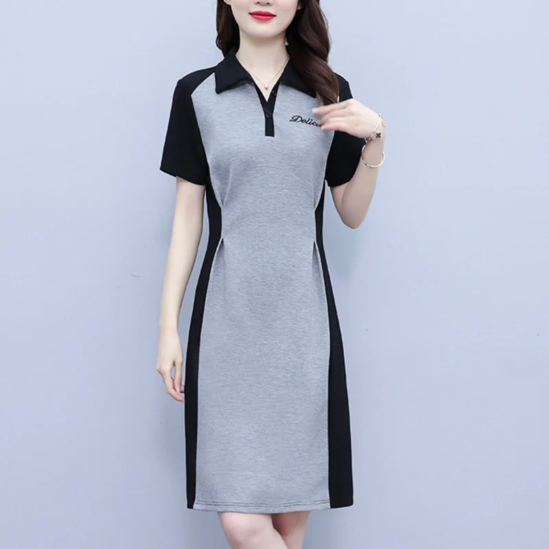 

#6434 Spliced Color A-line Dress Women Polo-neck Buttons Slim T Shirt Dress Short Sleeves Knee-length High Waisted T-shirt Dress