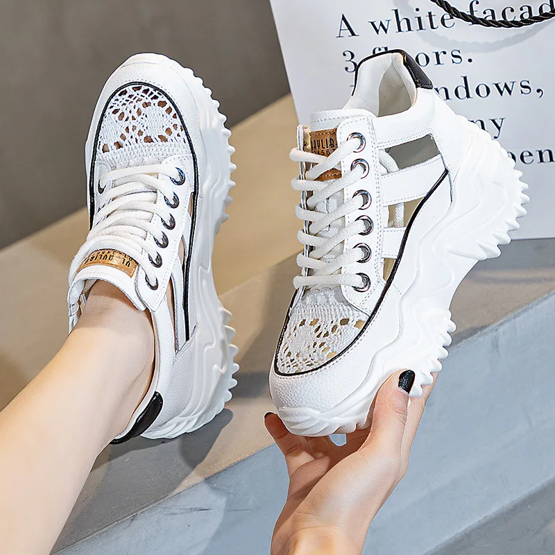 Mesh Genuine Leather Hollow Strap Design Comfy High Brand Breathable Shoes Chunky Sneakers Spring Summer Platform Wedge Shoes