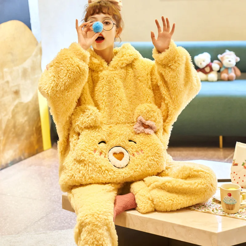 

Adult Pajamas Set Women Winter Thicken Sleepwear Homewear Cartoon Bear Korean Pyjamas Funny Soft Warm Pijamas Suit