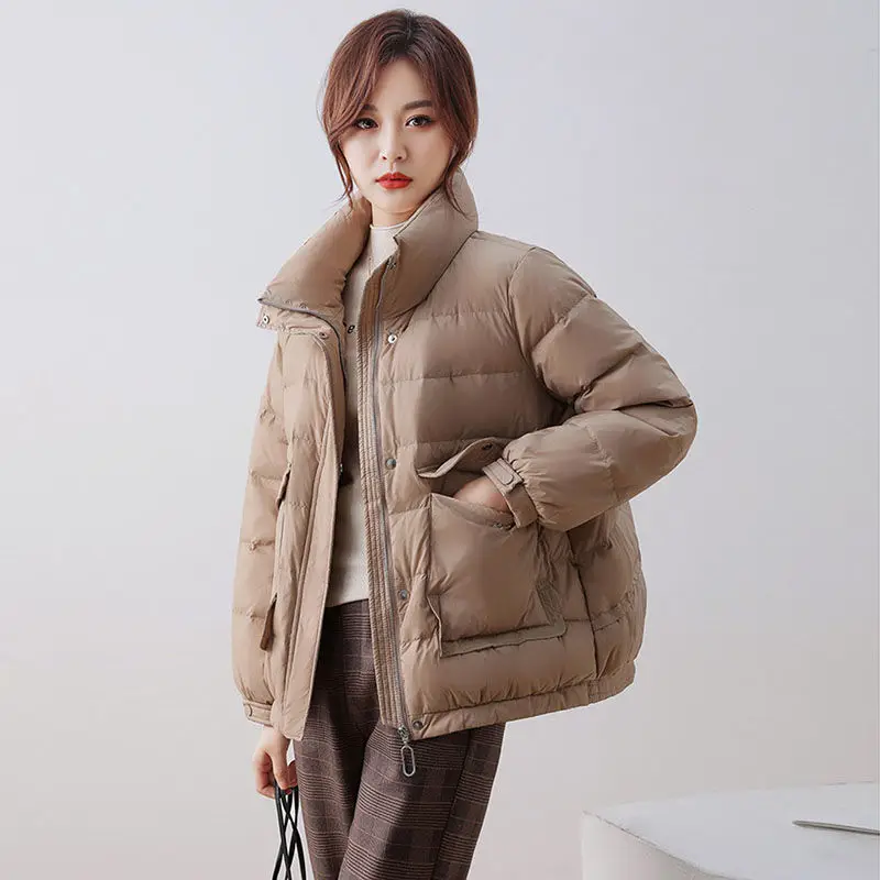 Winter Women 2023 New Korean Elegant Chic Stand Collar White Duck Down Jackets Fashion Casual Long Sleeve Coats Outwear C63