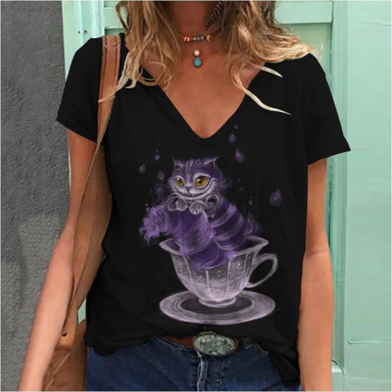 

2022 New Animal Cat Pattern 3D Printing Art Shirt T-Shirt Summer V-Neck Casual Fashion Short Sleeve Loose T-Shirt Clothing